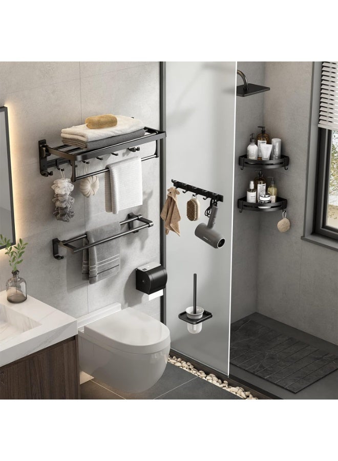 واي آند دي رف مناشف قابل للطي بطول 60 سم مع قضيب مناشف، رف مناشف مثبت على الحائط، أسود غير لامع، مقاوم للصدأ، قابل للحفر، مع خمسة خطافات متحركة، لتخزين الحمام. - Image 2